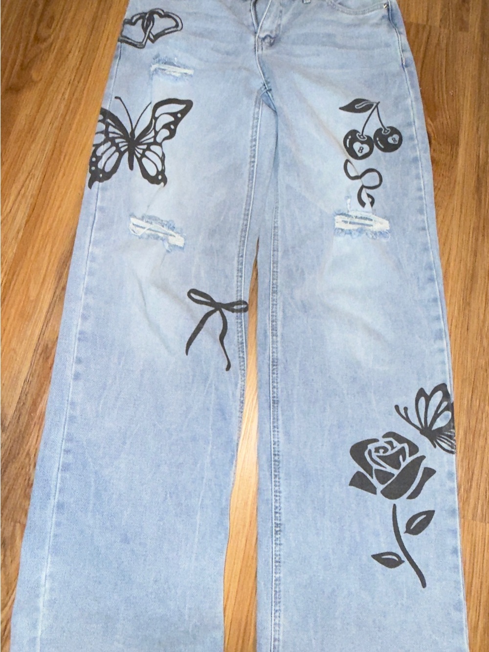 YMI Light Blue Wide-Leg Jeans with Black Floral, Butterfly & Cherry Prints